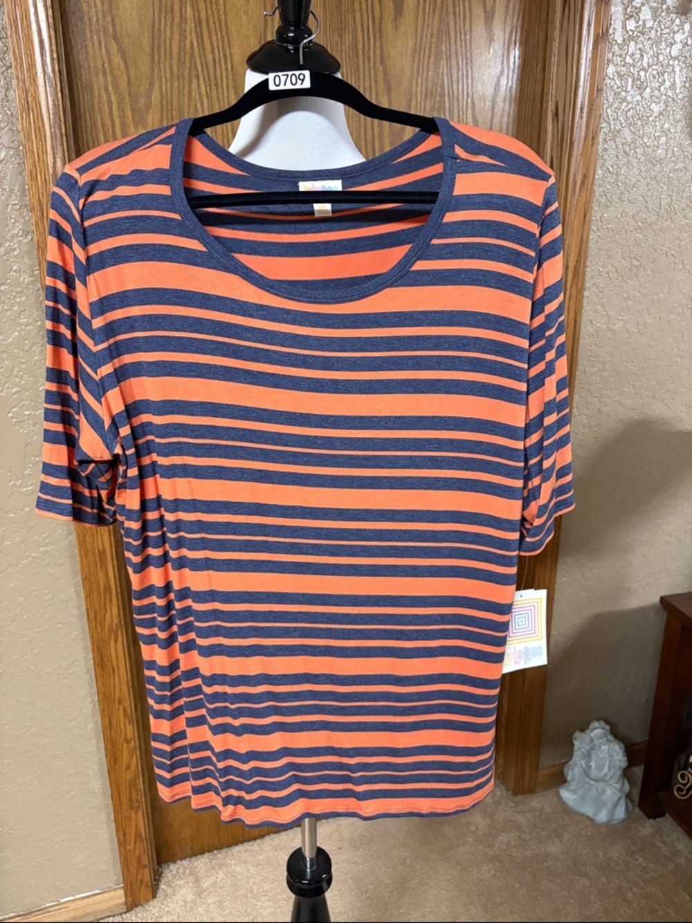 LuLaRoe Orange and Navy Striped Short Sleeve Tee